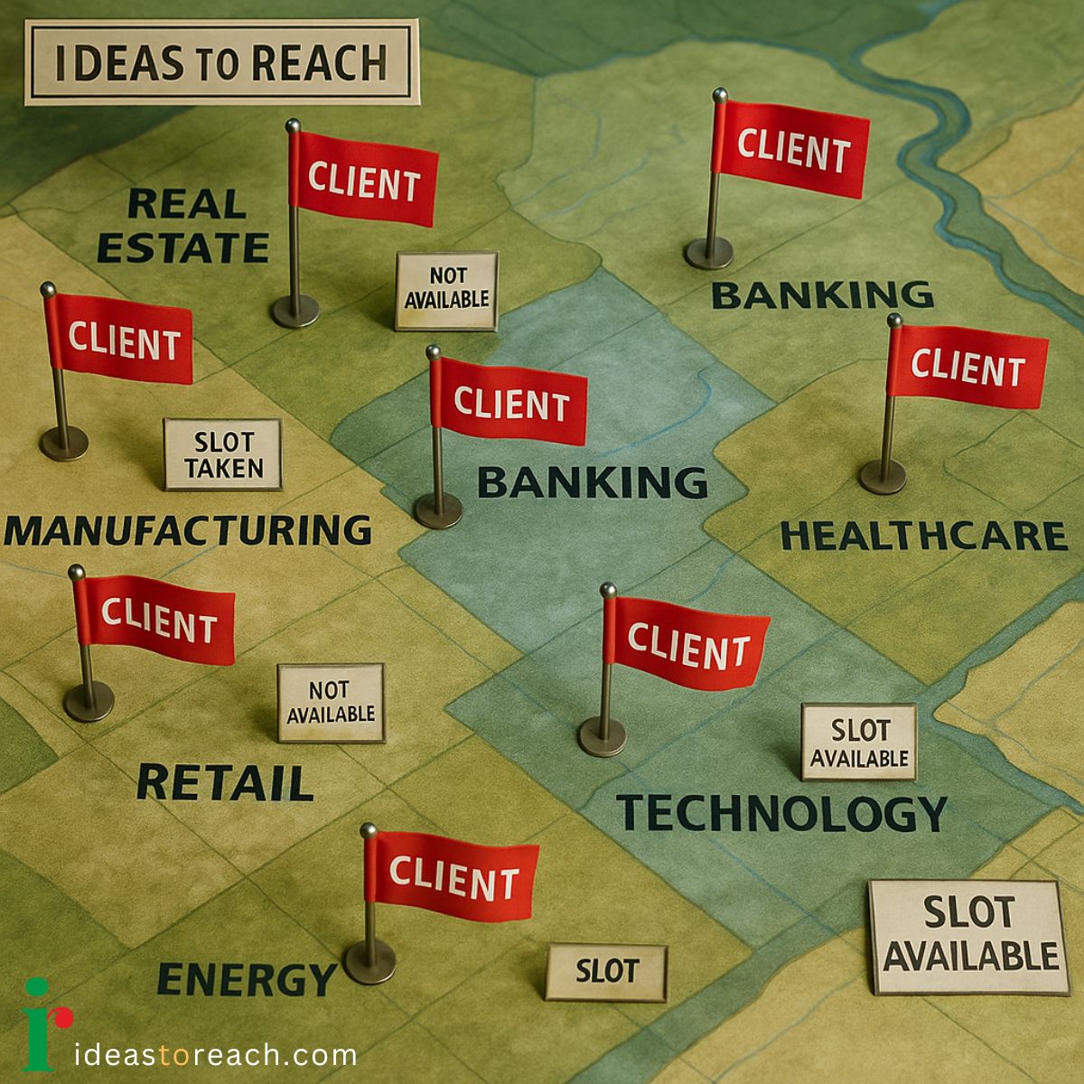 Map showing exclusive client zones by industry with red flags and 'Not Available' markers, illustrating IdeasToReach’s one-client-per-industry policy.